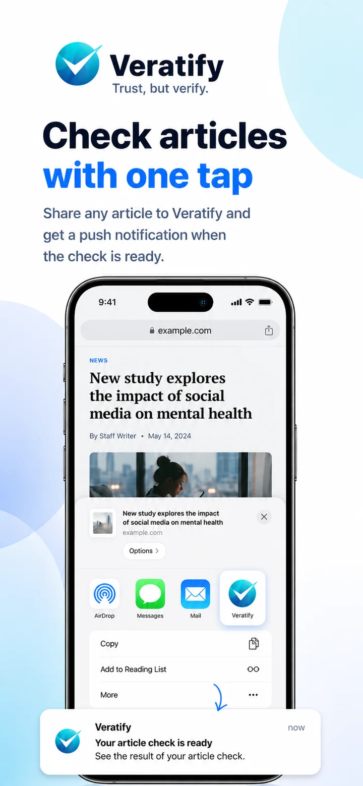 Veratify iPhone app showing article sharing and push notification workflow