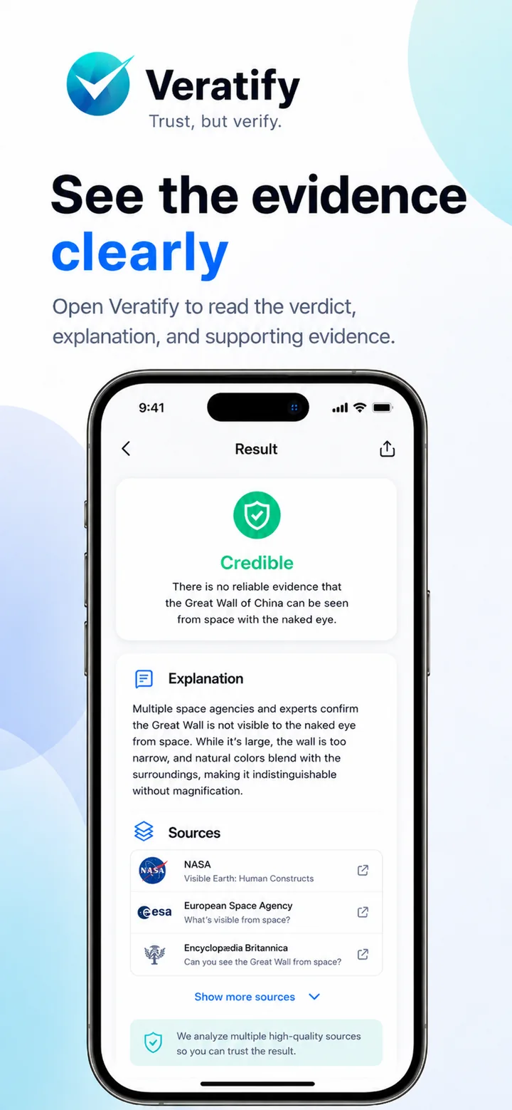 Veratify iPhone app showing verdict explanation and supporting evidence