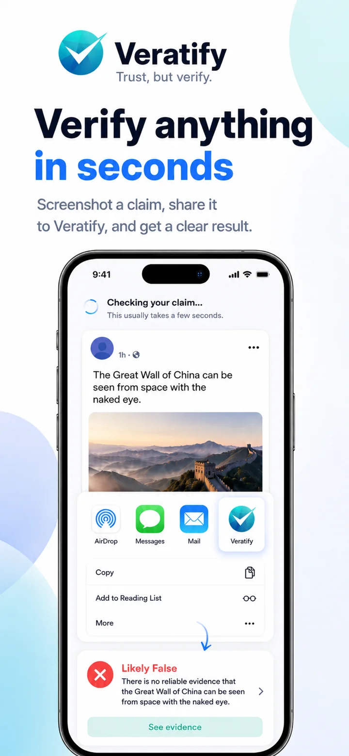 Veratify iPhone app showing a likely false result from a shared claim
