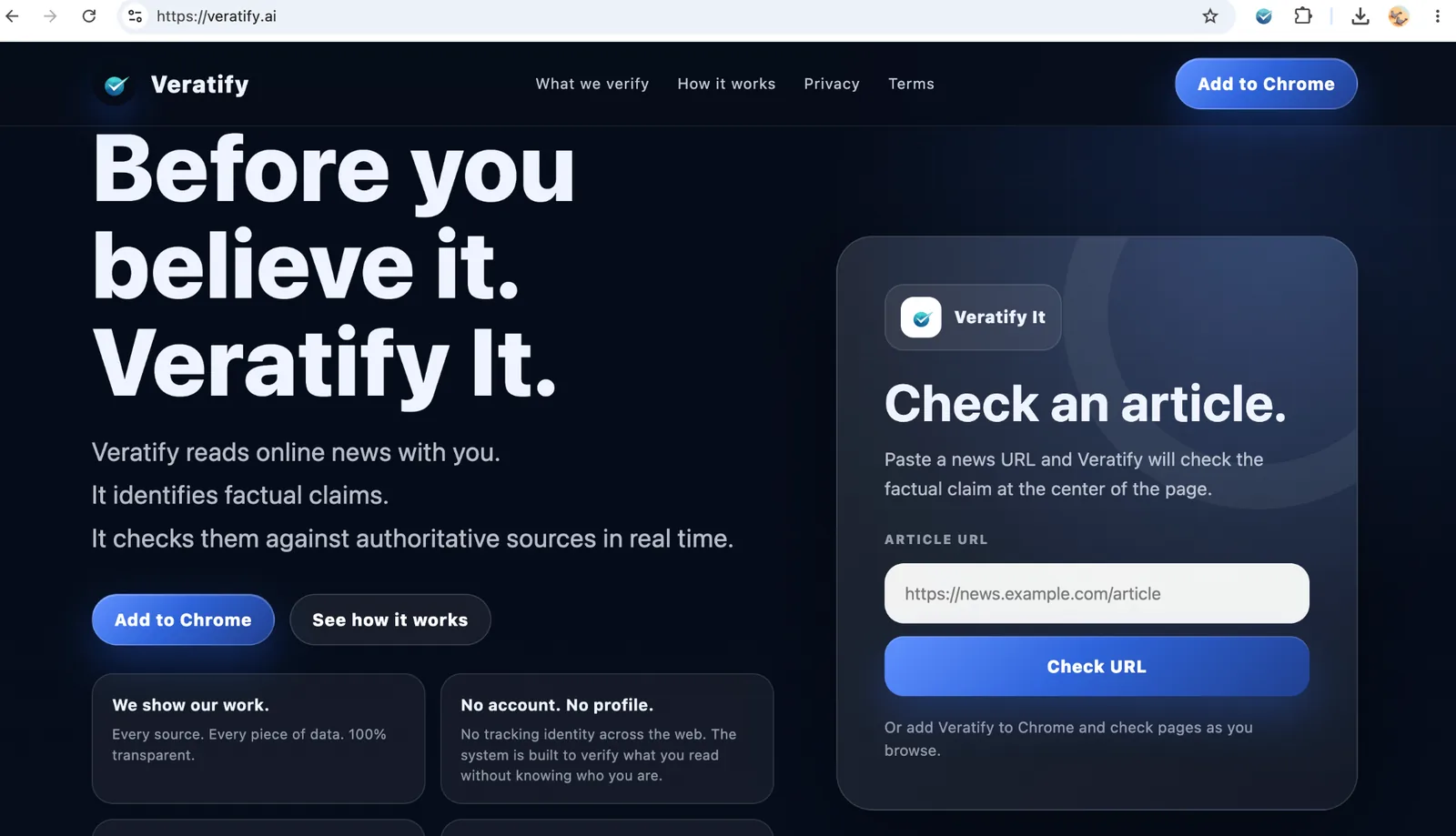 Screenshot of Veratify running in Chrome beside a live news article